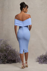 Powder Blue Bardot Bow Maternity Midi Dress with Ruching